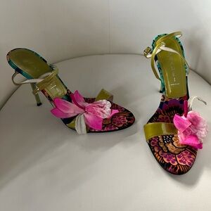 Casadei Pink and Green Heels with Bow Accents